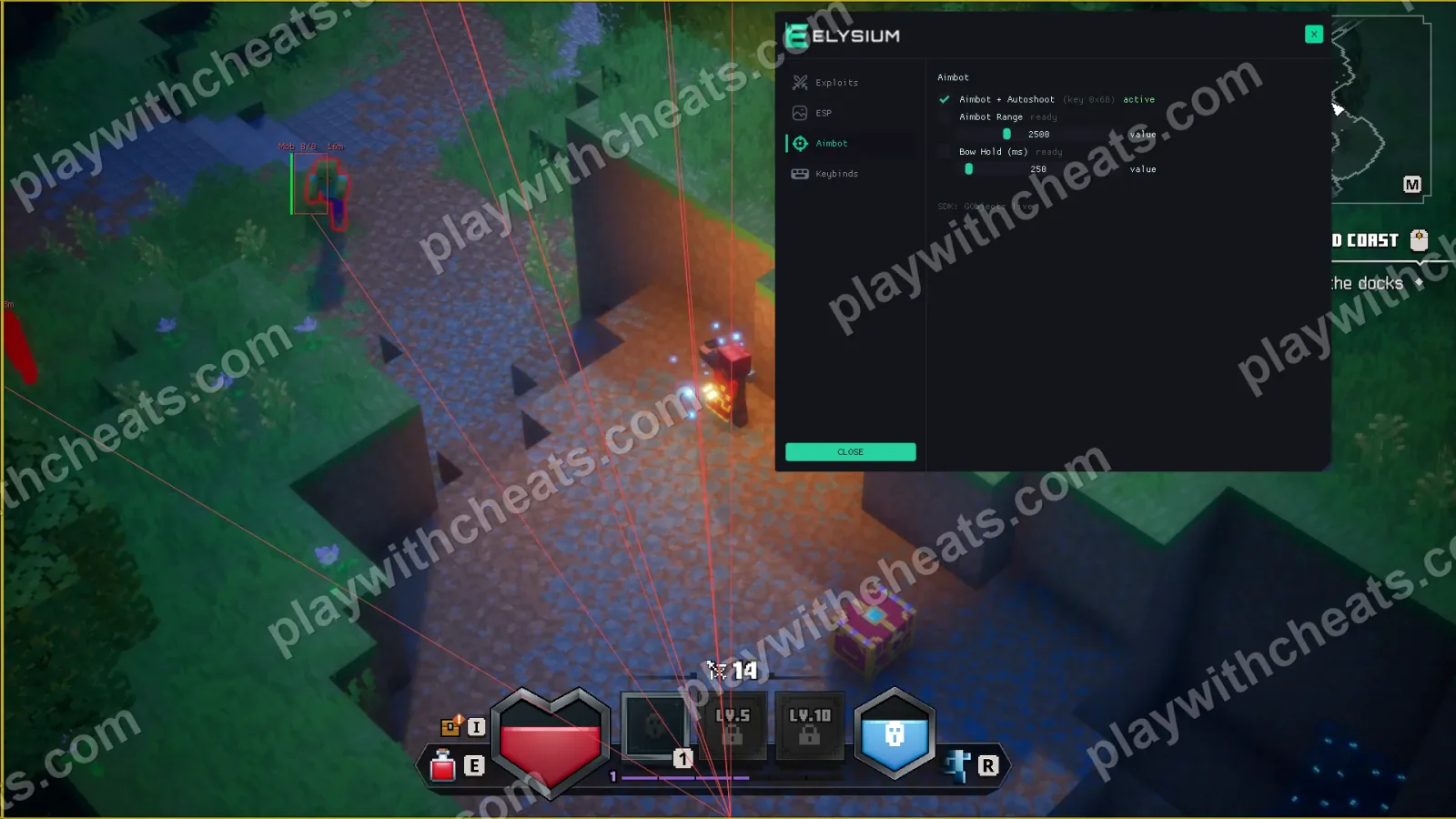 Minecraft Dungeons 2 Aimbot tab with Autoshoot, Aimbot Range and Bow Hold timing