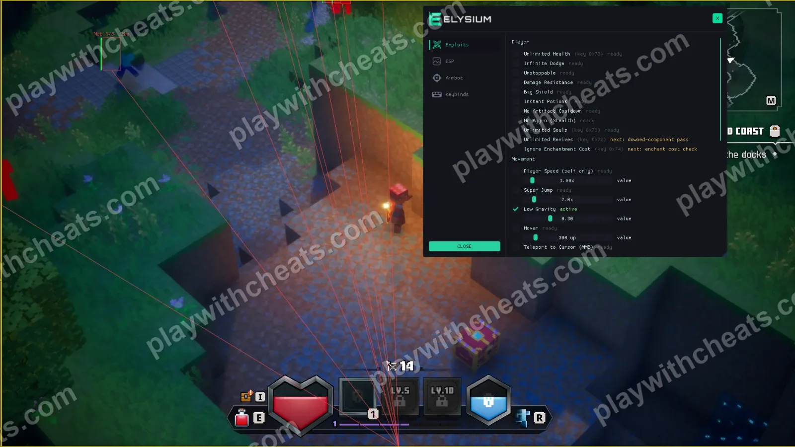 Elysium MD2 cheat menu, Exploits tab with Unlimited Health, Infinite Dodge, Player Speed, Super Jump and Hover