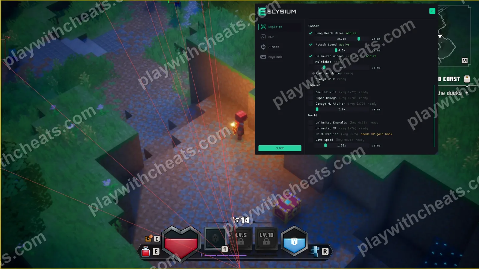 Minecraft Dungeons 2 cheat Combat, Enemies and World options with Long Reach Melee 25x, Attack Speed 4.5x, One Hit Kill and Unlimited Emeralds
