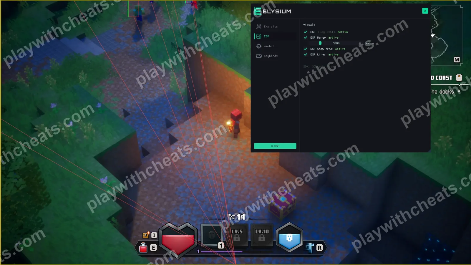 Minecraft Dungeons 2 ESP tab with ESP Range, Show NPCs and ESP Lines enabled