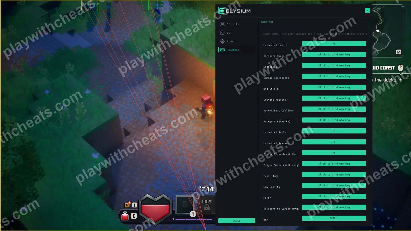 Minecraft Dungeons 2 Keybinds tab, every feature rebindable with INSERT to open the menu